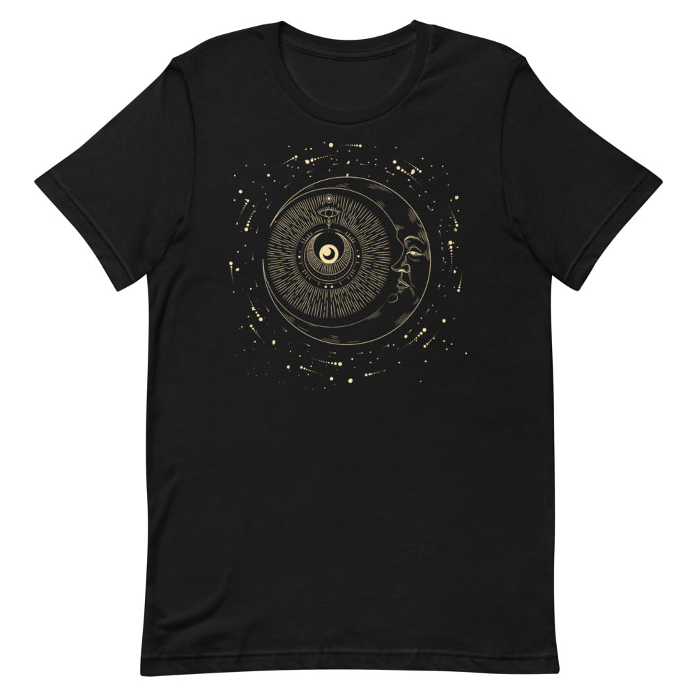 T-shirt Lune avec Visage et Motifs Cosmiques – Bohème et Éthéré