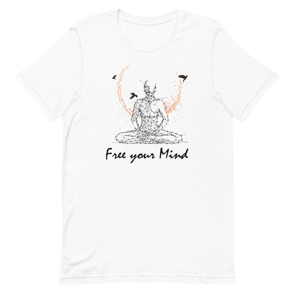 "Free Your Mind" T-shirt with Meditative Silhouette and Birds – Free and Cosmic