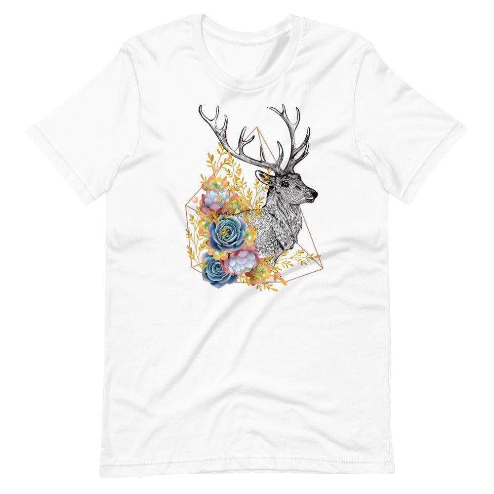 T-shirt Cerf Fleurs Géométriques – Bohème et Élégant