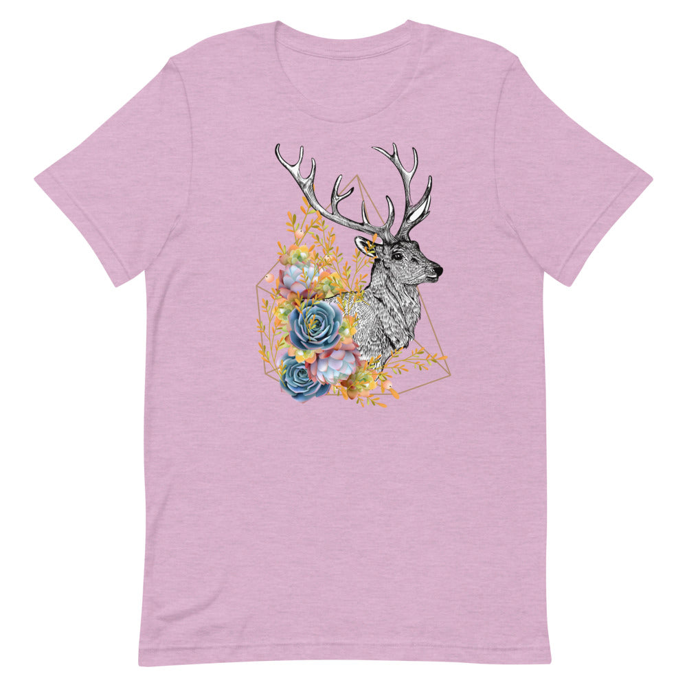 T-shirt Cerf Fleurs Géométriques – Bohème et Élégant