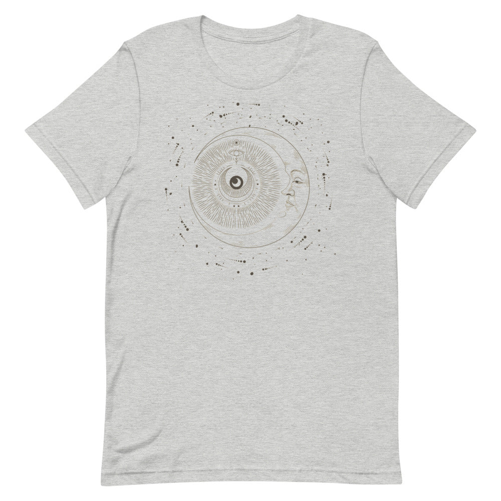 T-shirt Lune avec Visage et Motifs Cosmiques – Bohème et Éthéré