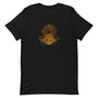T-shirt noir unisexe avec un design lumineux affichant une silhouette de yoga dorée en pose méditative avec bras levés, sur un lotus doré orné de motifs floraux et entouré de rayons dorés.