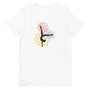 T-shirt blanc unisexe avec un design vibrant affichant une silhouette noire en pose de yoga avancée (pied derrière la tête), entourée de trois mandalas colorés (rose, violet, jaune, orange, bleu) avec motifs géométriques.