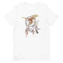 T-shirt blanc unisexe avec un design bohème d’aigle doré et brun intégré dans un capteur de rêves orné de plumes multicolores bleues, roses et brunes, et de perles.