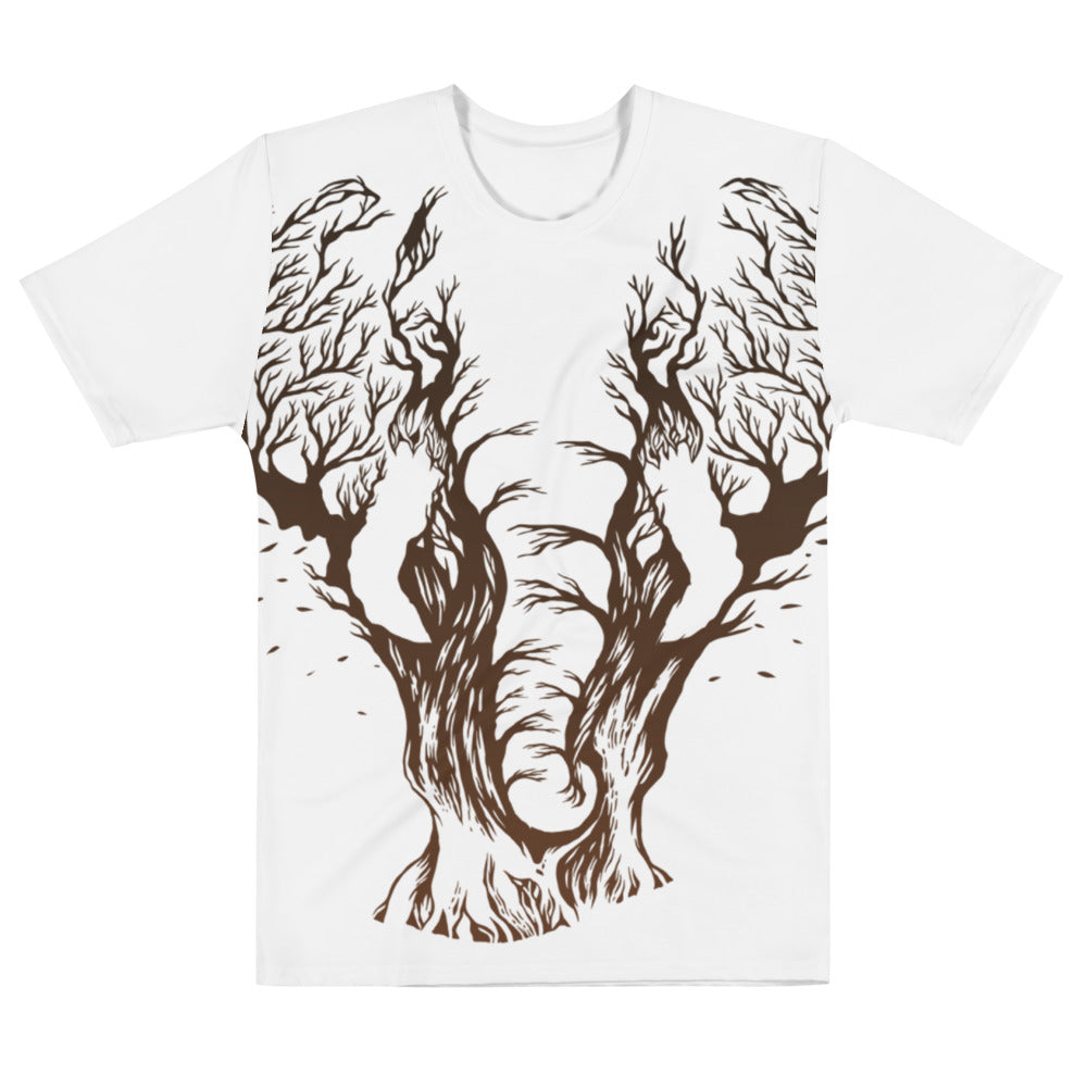 T-shirt unisexe avec un design artistique affichant des arbres entrelacés (teintes brunes) formant la silhouette d’un éléphant, avec des branches nues dans un style symbolique.