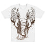 T-shirt unisexe avec un design artistique affichant des arbres entrelacés (teintes brunes) formant la silhouette d’un éléphant, avec des branches nues dans un style symbolique.