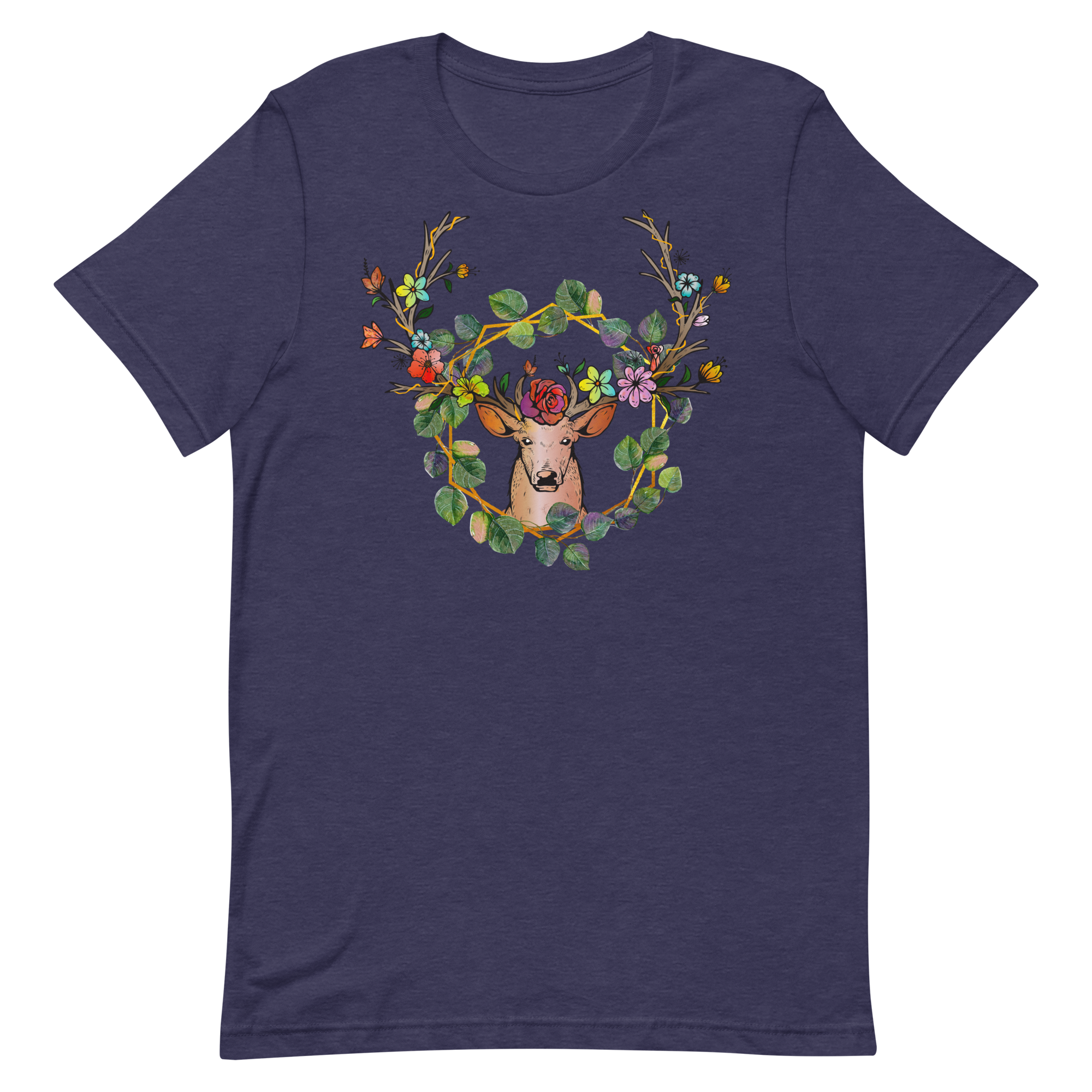 T-shirt bleu marine unisexe avec un design bohème d’un cerf brun clair orné d’une couronne de fleurs multicolores roses, rouges, jaunes et bleues, entouré d’un cadre circulaire doré.