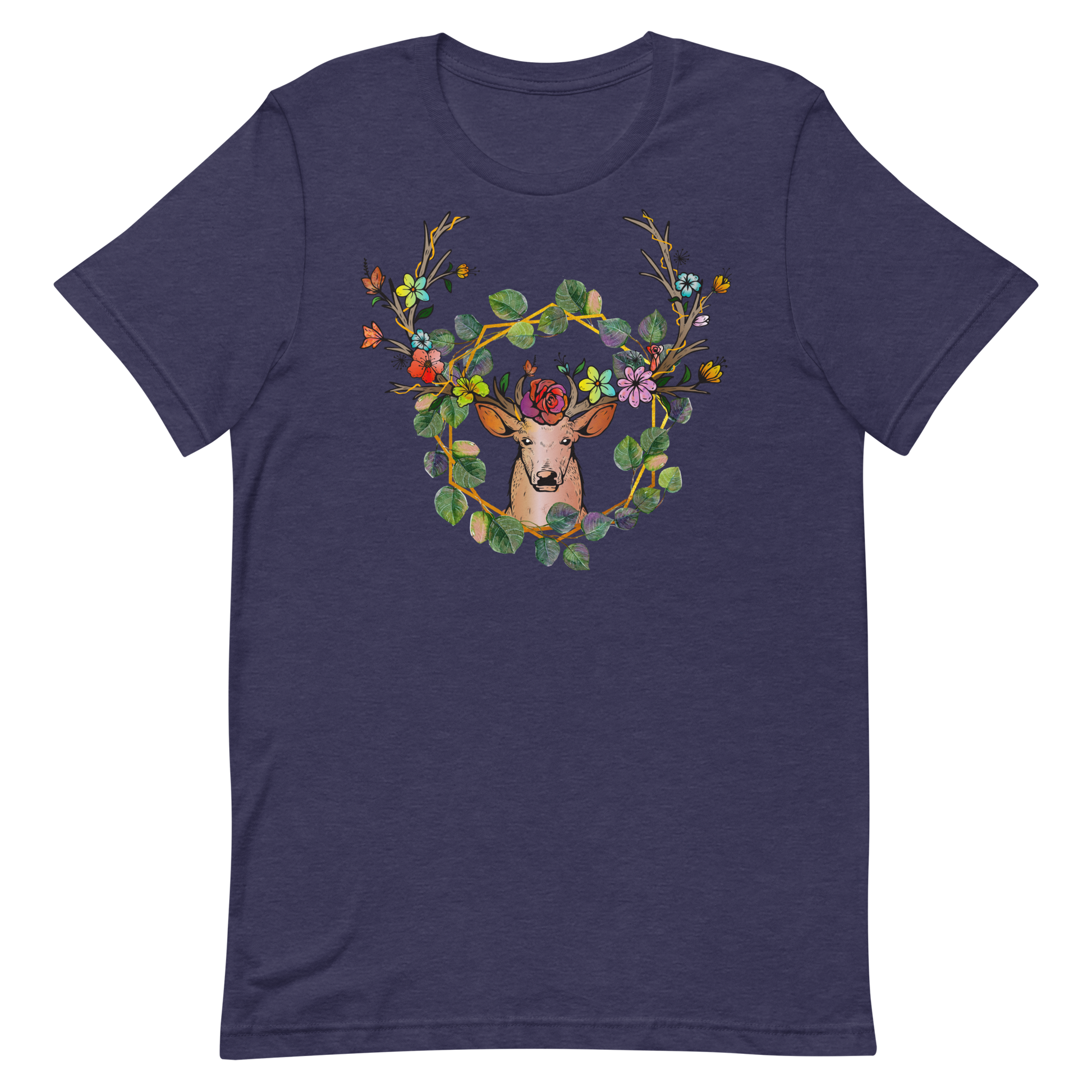 T-shirt bleu marine unisexe avec un design bohème d’un cerf brun clair orné d’une couronne de fleurs multicolores roses, rouges, jaunes et bleues, entouré d’un cadre circulaire doré.