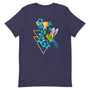 T-shirt bleu marine unisexe avec un design bohème d’un colibri multicolore vert, jaune et bleu, entouré de fleurs bleues et blanches, encadré d’un motif géométrique doré.