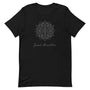 T-shirt unisexe noir avec un design zen "Just Breathe" et un mandala blanc détaillé, style spirituel.