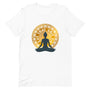 T-shirt blanc unisexe avec un design léger affichant une silhouette méditative bleu foncé en position de lotus, sur un mandala doré avec motifs géométriques, entouré du texte "LET THAT SHIT GO" en blanc.