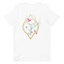 T-shirt blanc unisexe avec un design bohème d’oiseaux roses et bleus perchés sur un arbre bleu, encadré d’un motif géométrique doré.