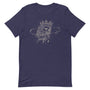 T-shirt bleu marine unisexe avec un design bohème d’un visage de roi barbu beige et doré portant une couronne, entouré de motifs célestes comme des lunes, des étoiles et des orbites.