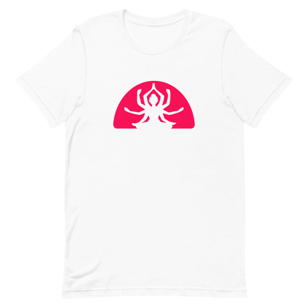 T-shirt blanc unisexe avec un design divin affichant une silhouette blanche à six bras en méditation, position de lotus, sur un demi-cercle rose fuchsia.