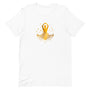 T-shirt blanc unisexe avec un design gracieux affichant une silhouette de yoga dorée en pose méditative avec un mudra, sur un lotus doré orné de motifs floraux, entourée de papillons dorés.