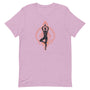 T-shirt rose poudré unisexe avec un design énergique affichant une silhouette de yoga noire en pose d’arbre (Vrksasana), entourée d’une flamme orange stylisée en forme de goutte avec motifs floraux.