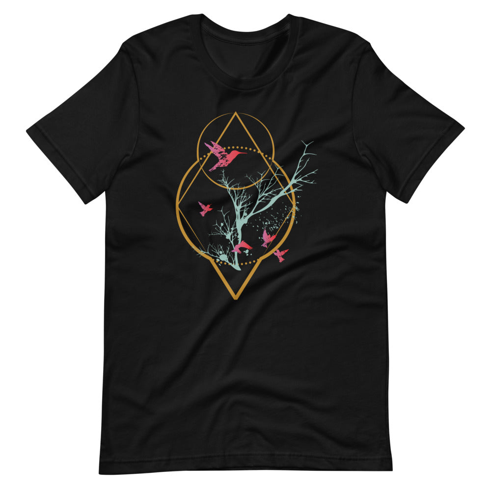 T-shirt Oiseaux Arbre Géométrique – Bohème et Minimaliste