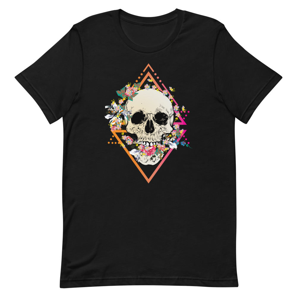 T-shirt Crâne Fleurs et Cadre Géométrique – Bohème et Audacieux