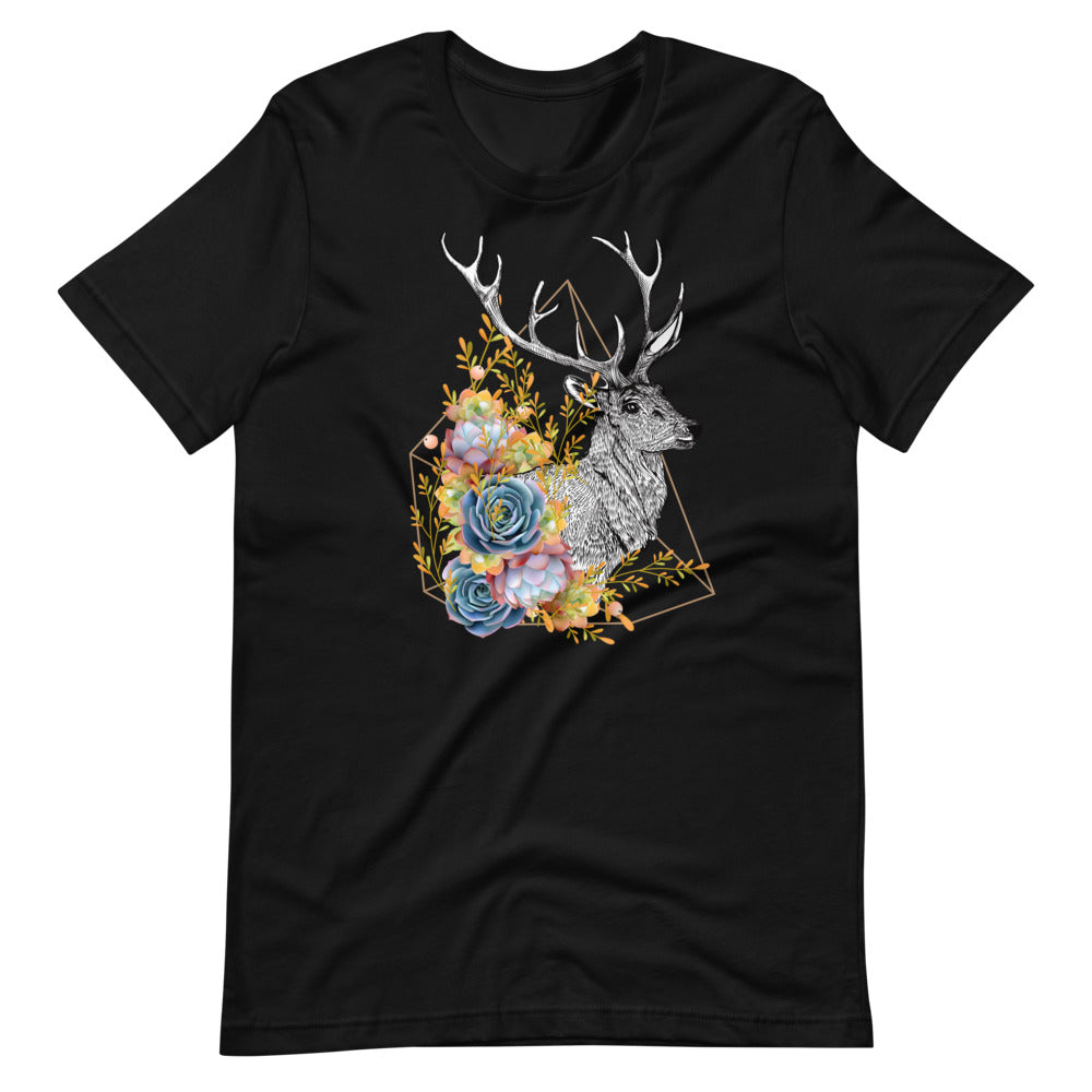 T-shirt Cerf Fleurs Géométriques – Bohème et Élégant