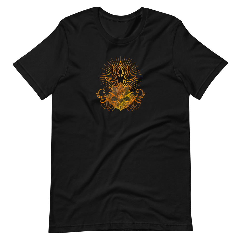 T-shirt avec Silhouette de Yoga et Lotus Doré avec Rayons – Lumineux et Inspirant