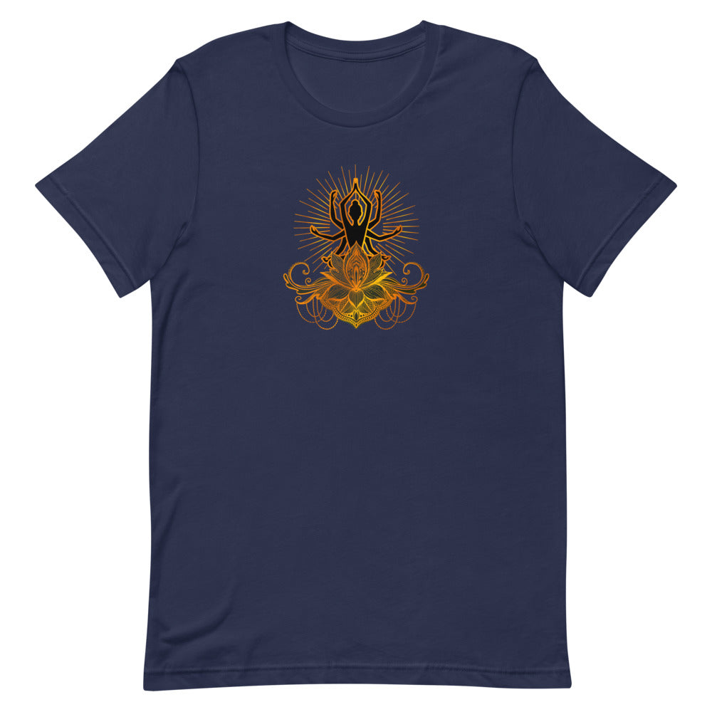 T-shirt avec Silhouette de Yoga et Lotus Doré avec Rayons – Lumineux et Inspirant