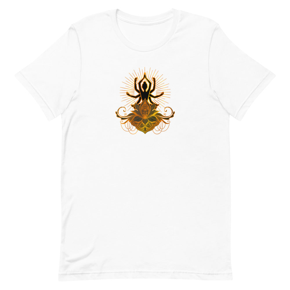 T-shirt avec Silhouette de Yoga et Lotus Doré avec Rayons – Lumineux et Inspirant