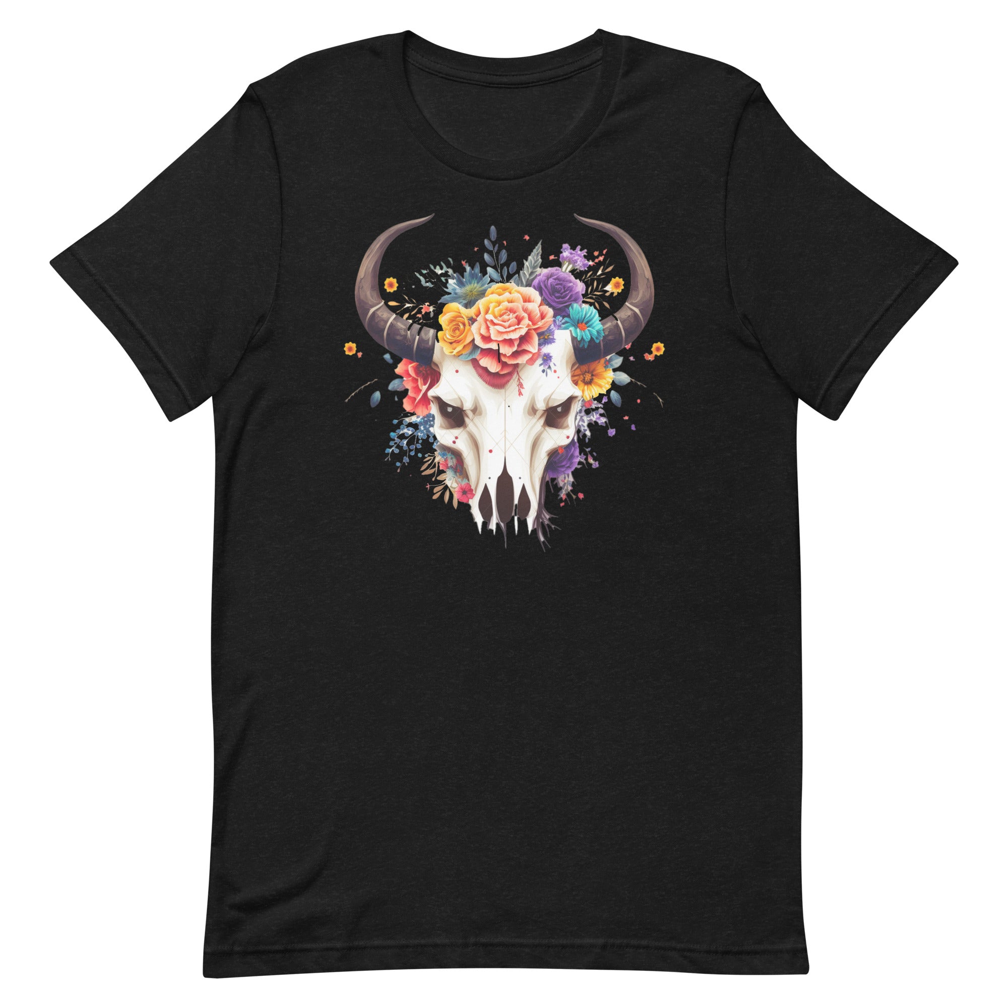 T-shirt Crâne de Taureau Fleurs Multicolores – Bohème et Audacieux